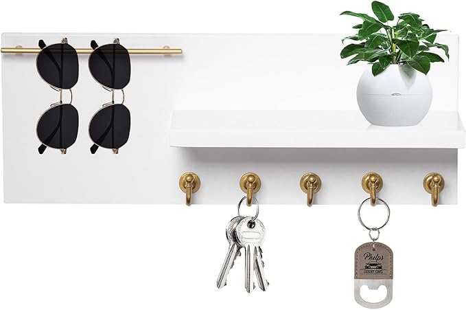 SANY DAYO HOME Real Wood Key Holder Rack Wall Mount 16 x 6 inches White and Gold Entryway Shelf with 5 Hooks, Metal Sunglass Bar, and Floating Board for Keychain, Purse