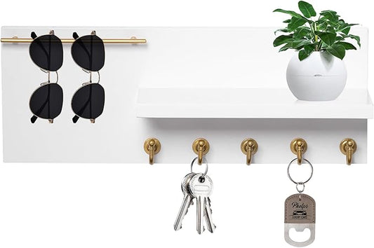 SANY DAYO HOME Real Wood Key Holder Rack Wall Mount 16 x 6 inches White and Gold Entryway Shelf with 5 Hooks, Metal Sunglass Bar, and Floating Board for Keychain, Purse