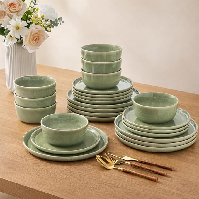 AmorArc Stoneware Dinnerware Sets for 4,Round Reactive Glaze Ceramic Plates and Bowls Set,Highly Scrath Resistant | Dishwasher & Microwave Safe Dishes Set,Service for 4 (12pc)