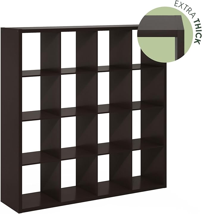 Furinno Cubicle Book Shelf, 16-Cube Bookshelf, Extra Thick Frame Reversible Bookcase with Open Back, 14.6" x 58" x 58", for Living Room, Bedroom, Home Office, Black Dark Oak