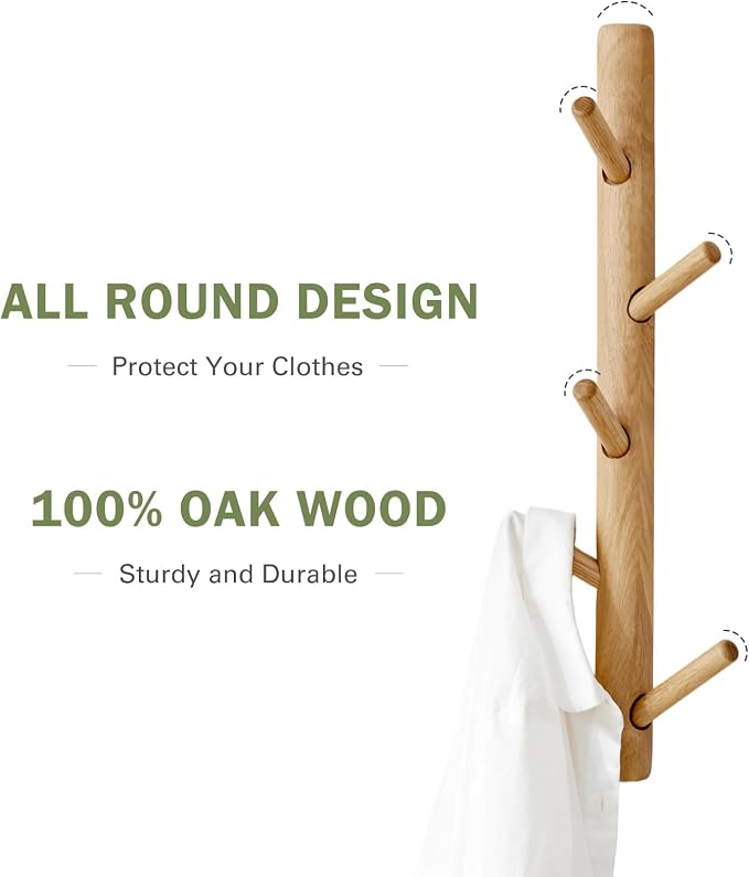 Vertical Coat Rack Wall Mounted - Height 16 Inches, Oak Wood Vertical Hat Rack for Wall with 4 Hooks, Modern Coat Rack Tree for Hanging Hats, Jackets, Bags in Entryway Bedroom Office