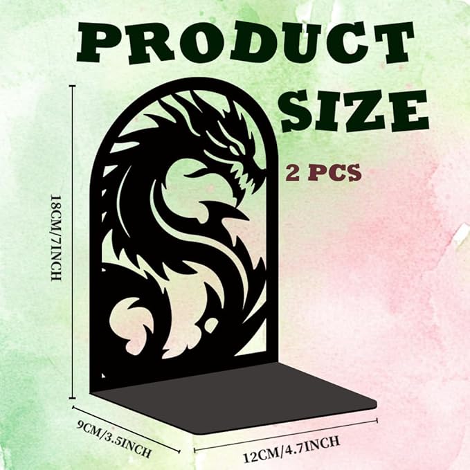 INFUNLY 1 Pair Dragon Book Ends for Shelves Loong Non-Skid Metal Bookshelf Holder Stand Black Book Stopper Support for Desktop 7.1x4.7x3.5 for Home Office Library School Kitchen Decor