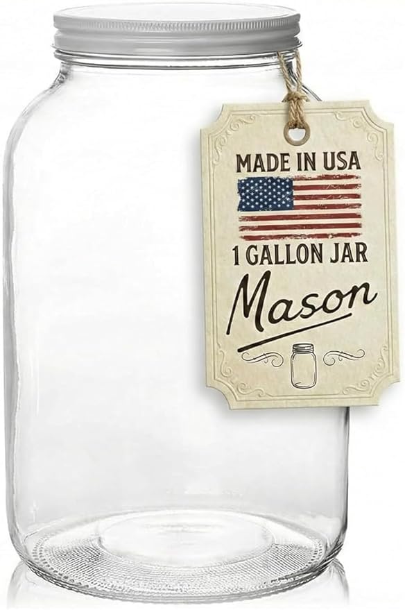 Large Glass Jars 1 Gallon – 1 Pack Wide Mouth Mason Jars with Airtight Metal Lids – Made in USA – Gallon Jars for Fermenting, Pickling, Canning, Water Glassing Eggs, Sourdough Starter & Storage