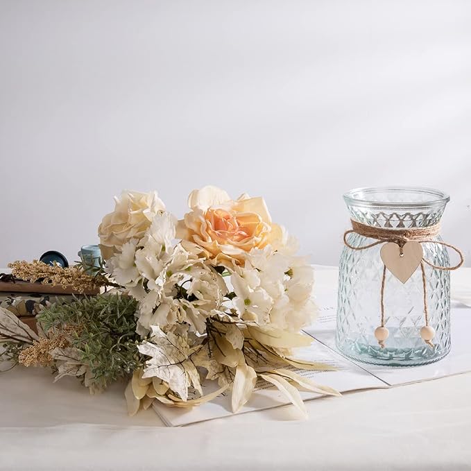 Silk Flowers with Vase, Artificial Flowers Arrangement with Glass Vase Faux Rose for Decoration Table Centerpiece (Hydrangea Rose)