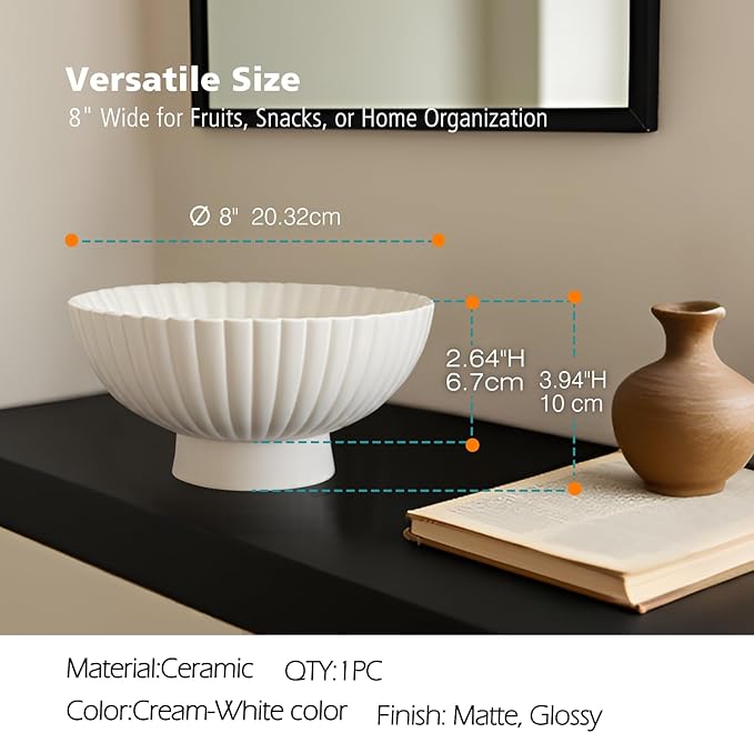 Modern 8 Inch White Ceramic Fruit Bowl - Small Footed Pedestal Fruit Bowl for Kitchen Counter, Farmhouse Chic Centerpiece for Dining Coffee Table & Home Decor,Key Ruffle Bowl for Entryway Table ﻿
