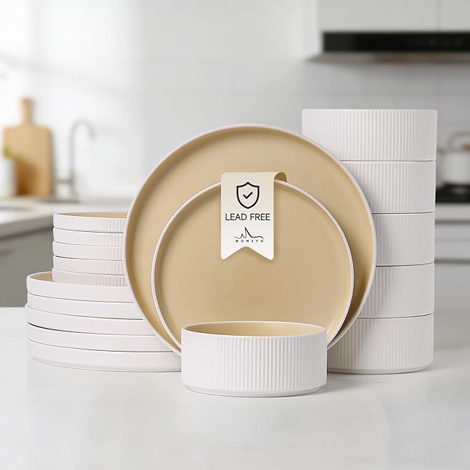 MONITO Ceramic Dinnerware Sets for 6, 18PCS Stoneware Plates and Bowls Sets, Reactive Glaze Dish Set, Chip and Scratch Resistant Double, Microwave and Dishwasher Safe, White Orange