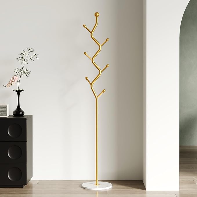 Creative Tree Branch-Look Gold Coat Rack Freestanding with 6 Hooks & Sturdy Marble base Metal Clothes Hanger Stand for Entryway/Mudroom/Bedroom/Hallway/Home Office (gold)