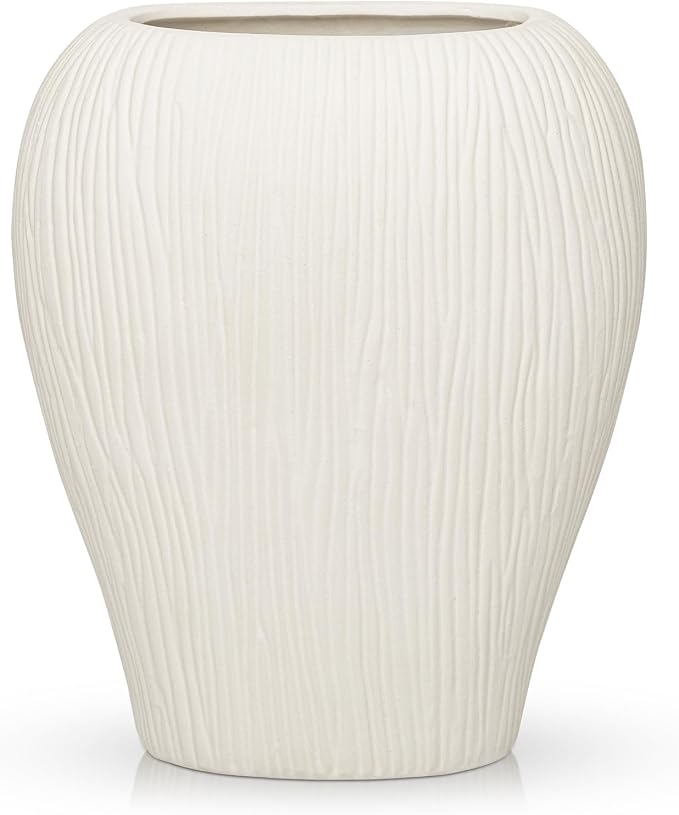 Slim Flat Ceramic Vase for Home Decor, 13" Ribbed Modern Flower Vase, Space-Saving Narrow Decorative Vase for Pampas Grass Artificial Flowers, Farmhouse Boho Table Centerpiece, White