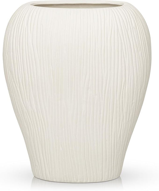 Slim Flat Ceramic Vase for Home Decor, 13" Ribbed Modern Flower Vase, Space-Saving Narrow Decorative Vase for Pampas Grass Artificial Flowers, Farmhouse Boho Table Centerpiece, White
