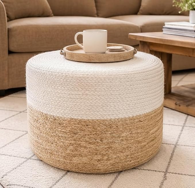 Jute Pouf Ottoman | Footrest Pouf | Hand Braided - Round Boho Pouffe - for Living Room, Bedroom, Nursery (18"x18"x12") Ivory