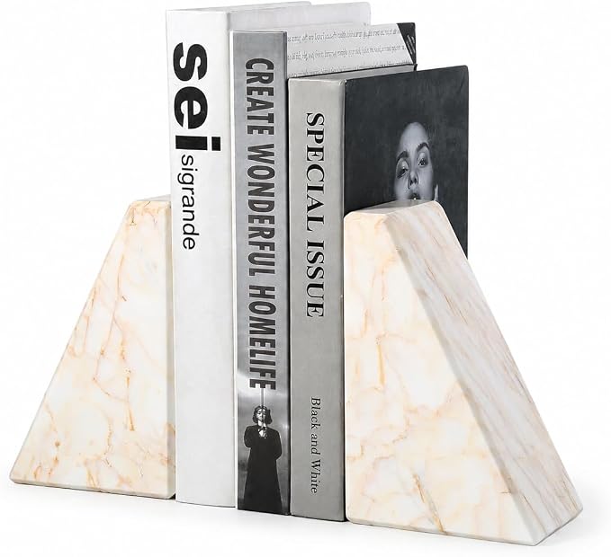 Koville Marble Bookends for Shelves, Large Bookends for Heavy Books, Natural Stone Book Stopper for Books CD Movies, Aesthetic Decorative Book Ends, Bookshelf Table Home Decor(Golden Spider)