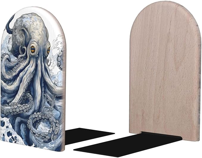 Fantasy Sea World Adventure Kraken Octopus Monster Wood Book Ends for Shelves, Non-Skid Bookends for Office, Library, and Home Decor, 1 Pair