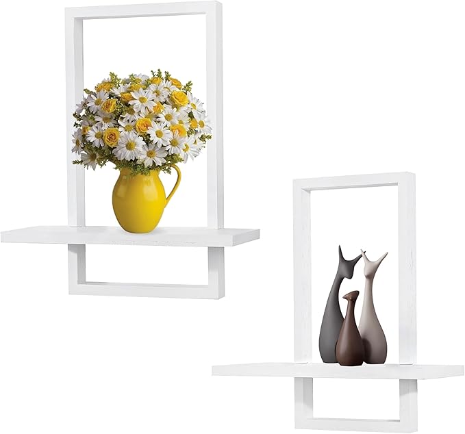 PHOENANCEE Square Wall Shelf,Framed Floating Shelves Set of 2,Decorative Plants Hanging Display Chic for Living Room Bedroom Bathroom Home Office,Soild Wood,L+S,White