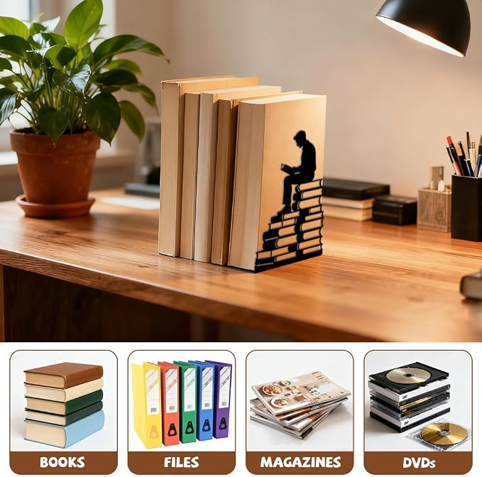 Peacoblue Metal Bookends for Shelves, Modern Decorative Heavy Duty Study Book Ends Stoppers for Office Desk Shelf, Room 5.3"x4.3"x7.9" Cast Iron Tall Bookends 1 Pair (Couple Reading on Books)