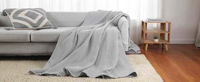 100% Cotton Waffle Blanket (Gray - King Size - 104 * 90''), Pre-Washed and Anti-Shrinkage Soft Lightweight Bed & Couch Blanket, 380 GSM Waffle Weave Throw Blanket for All Seasons