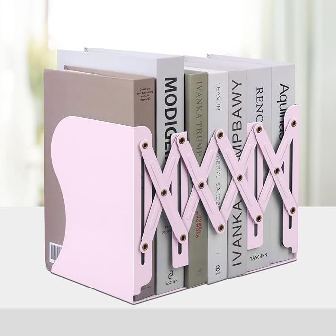 Honagu Adjustable Bookends, Metal Book Ends for Shelves Heavy Book, Desk Magazine File Organizer for Home, Office, Books, Papers, Extends up to 19 inches (Macaron Pink)