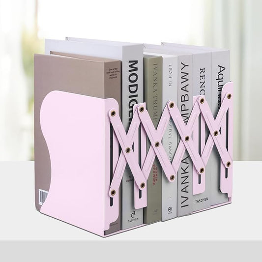 Honagu Adjustable Bookends, Metal Book Ends for Shelves Heavy Book, Desk Magazine File Organizer for Home, Office, Books, Papers, Extends up to 19 inches (Macaron Pink)