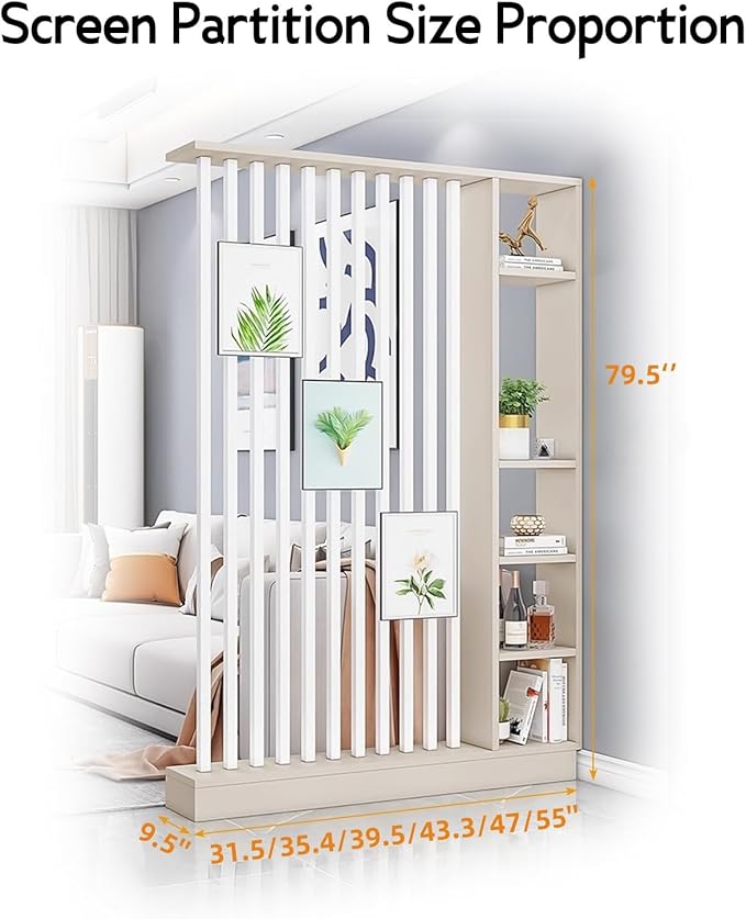 Wall Room Divider, Storage Cabinet Storage Display with Shelves, Modern Freestanding Wood Room Divider Screen, Wall Privacy Screens for Home Decorative (Beige+White,35.4" L x 9.5" W x 79.5" H)