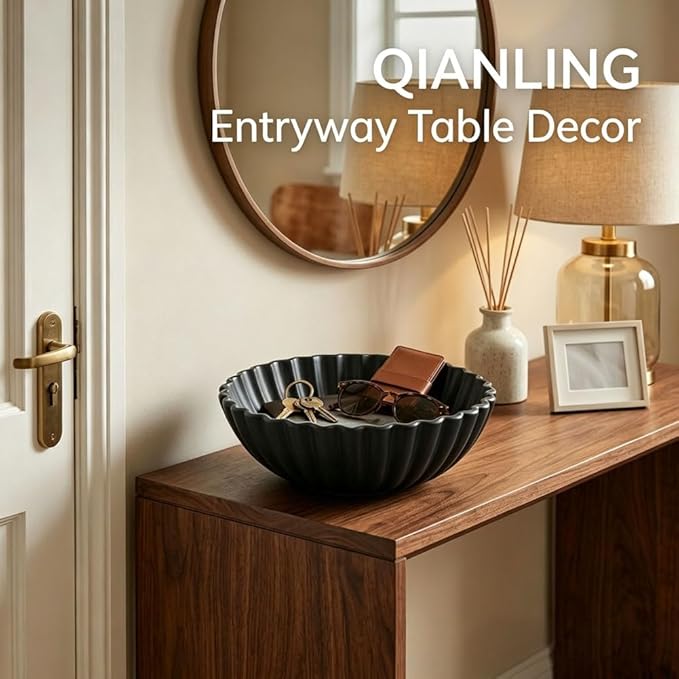 QIANLING Resin Large Black Decorative Bowl for Home Decor - Black Ruffle Fruit Bowl for Kitchen Counter Entryway or Coffee Table or Table Decor - Centerpiece Bowls for Keys, Fruit, Candy