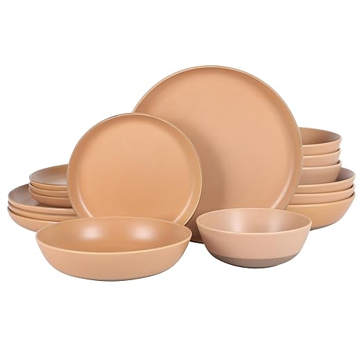 Gibson Elite Laguna Bliss 16 Piece Stoneware Reactive Glaze (Service for 4) Ceramic Plates and Bowls Dinnerware Set - Matte Clay W/Terracotta Bottom