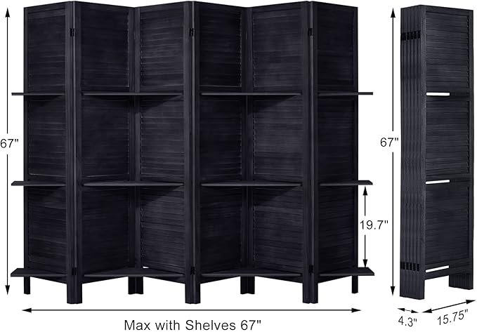 Room Divider with Shelves, Privacy Screen, Room Dividers and Folding Privacy Screens, 6 Panel Wood Temporary Wall Partition Separation Separator, Black