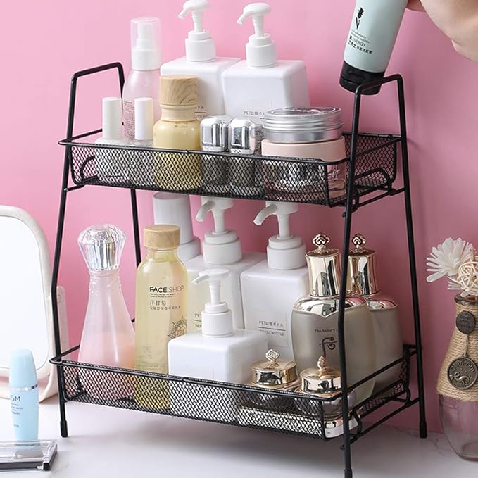 Spice Rack Organizer, 2-Tier Bathroom Shelf Organizer countertop, Kitchen Rack Organizer for Spice Can Sauce Jars Bottle (Black)