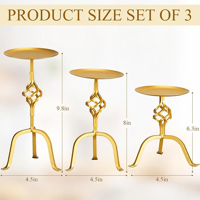 Set of 3 Gold Candlestick Holder Metal Vintage Candle Holder 9.8, 8, 6.3 Inch Tall Decorative Wrought Iron Pillar Candle Sconce Home Decor Wedding Dinning Party Anniversary(Retro)