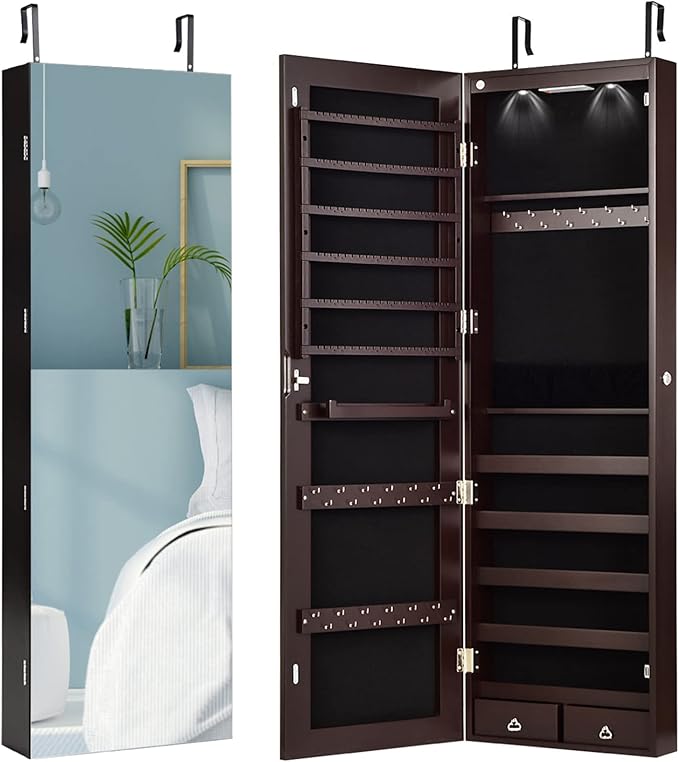 Giantex Wall Door Mounted Jewelry Armoire Cabinet with 47.5" H Full Length Mirror, 2 LEDs Lockable Jewelry Organizer Box with Bracelet Rod, 2 Drawers, Large Storage Capacity (Espresso)