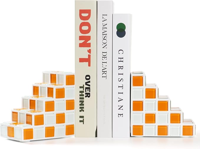 Decorative Bookends for Shelves - Stair Book Ends for Heavy Books - Unique Book Stopper & Holder for Shelves - Modern Home Decor Aesthetic Bookshelf Decor (Orange & White)