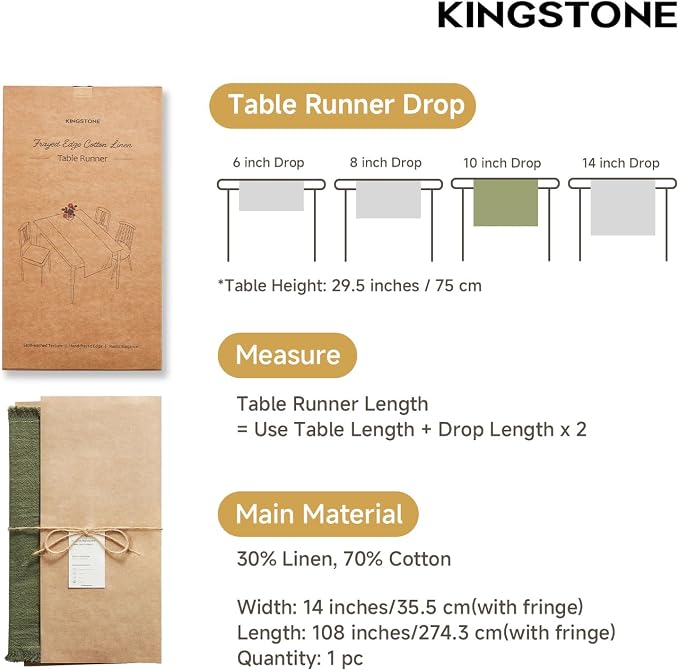 KINGSTONE 14 x 108 Inches Frayed Edge Table Runner, 270G Heavyweight Sand Washed Slub Texture Cotton Linen for Modern Farmhouse, Rustic Home Decorations Dining Room Wedding Boho Decor, Moss Green