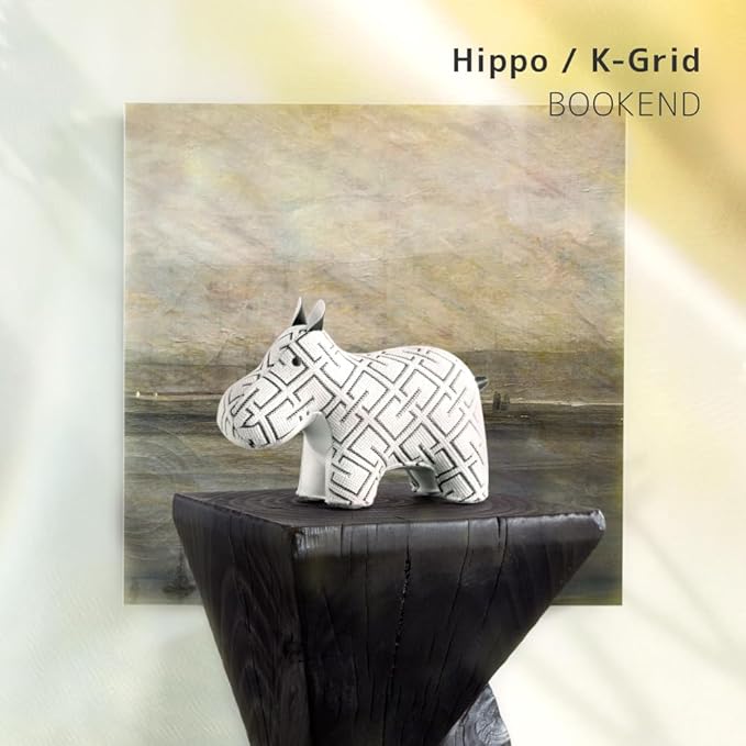 Zuny Artist Edition Classic Hippo Bookend, Kvadrat K-Grid White Checkered Textile Home Decor, Handmade Stitched Leather Heavy Duty Single Book Stopper for Shelves Desk, 10.4 x 4.3 x 7.4