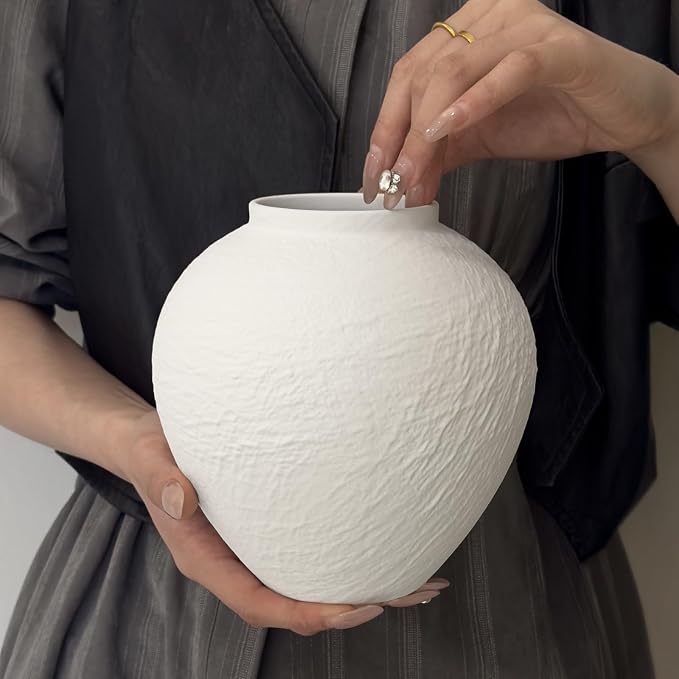 Vintage Stone Textured Ceramic Vase, Minimalist White Flower Vase, Rustic Decorative Centerpiece for Farmhouse, Living Room, Shelf, Dining Table Home Decor,Small-Sized (White Texture 6.3'' Tall)