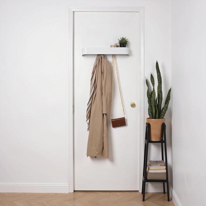 xympo Modern Wall-Mounted Coat Rack with Shelf – Heavy-Duty Steel, 5 Sturdy Hooks, Powder-Coated Finish, Space-Saving Entryway Organizer with Mounting Hardware – Sleek & Minimalist Design (White)