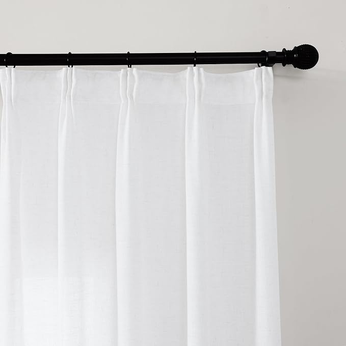 Pinch Pleat White Linen Curtains 108 Inches Long 2 Panels for Living Room Burlap Cotton Textured Semi Sheers Hooks for Ceiling Track Translucent Light Filtering Curtain Drapes 108 Inch Length