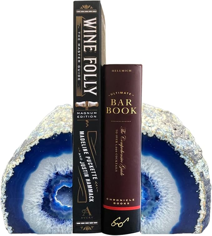 AMOYSTONE Blue Agate Stone Bookends, Decorative Book Holder for Office and Home Shelves, 3-4 LBS Stylish and Functional Bookends,with Rubber Bumpers
