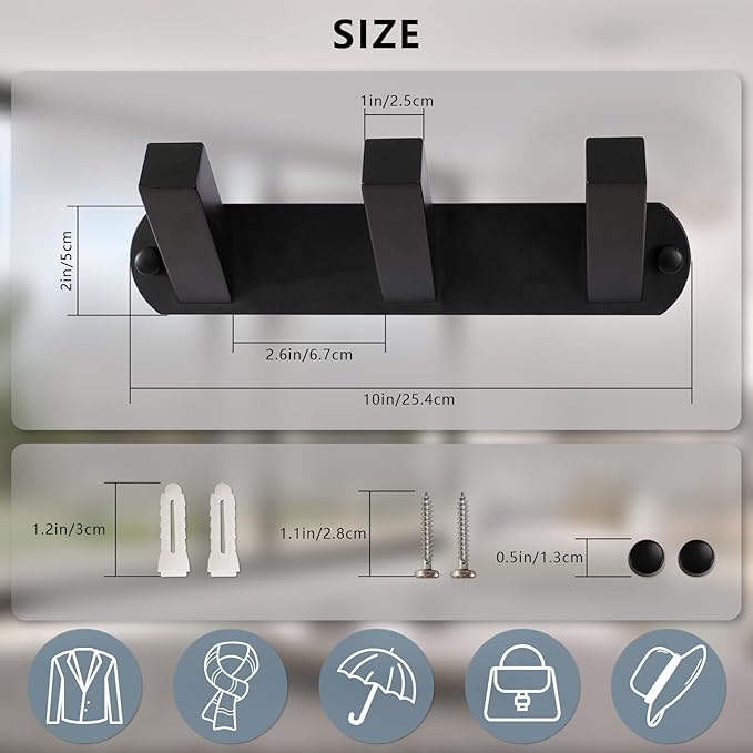 NINETREX Coat Rack Wall Mounted, Black Metal Coat Rack with 3 Coat Hooks Heavy Duty Coat Hanger Hooks Bag Hat Towel Rack for Entryway, Bathroom, Bedroom, Kitchen, and Hallway(Black,Square)