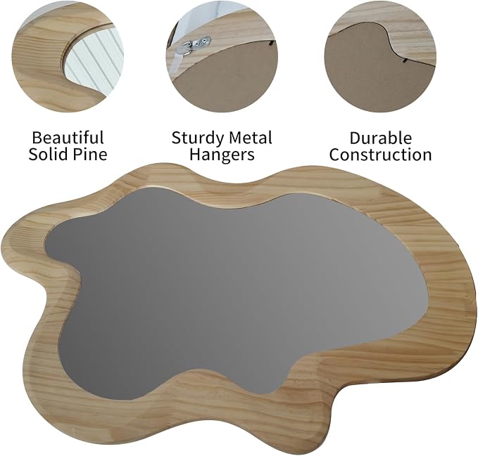 36" x 24" Irregular Wall Mirror, Wooden Framed Asymmetrical Wavy Wall Mirror for Living Room Bedroom Entryway Bathroom Modern Decorative, Hanging Hooks