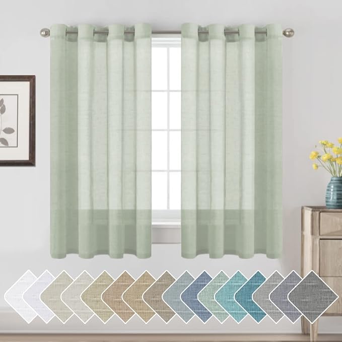 H.VERSAILTEX Linen Curtains Natural Linen Blended Curtain Panels for Living Room/Light Reducing Linen Semi Sheer Curtains 63 inch Length 2 Panels Set Nickel Grommet Window Panels, Sage