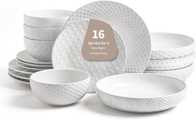 FOBENTA 16-Piece Ceramic Plates and Bowls Set,Dual Bowl Dish Set with Dinner & Pasta Bowls，Elegant Embossed Dinnerware for Modern Homes,for Microwave & Dishwasher Safe