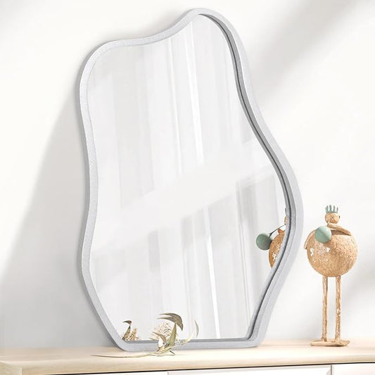 Modern Asymmetrical Mirror Unique Irregular Wooden Framed Mirror for Wall Hanging Mirror Artistic Cloud Shape Wall Mirror Decor Bathroom Bedroom Living Room Entryway Hallway Small
