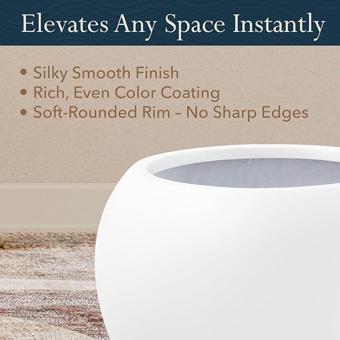 KUTE NEST 12.8"H x 16"D Premium Globo Fiberstone Round Planter with Drainage Hole, Smooth Finishes, Weather Resistant for Indoor and Outdoor Use, Included 2 Extra Coco Mats (White, 10.7" Pot Opening)