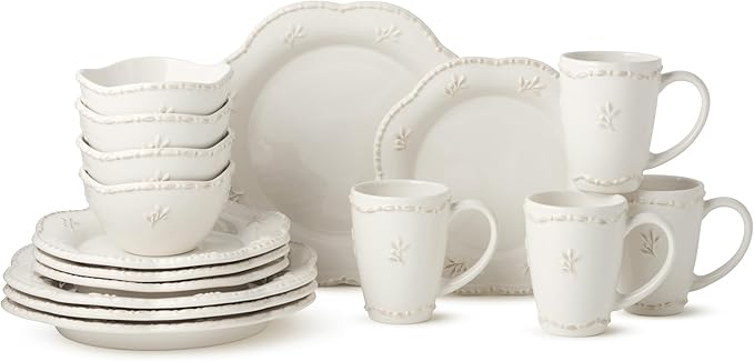 Heritage Beads 16pc Stoneware Dinnerware Set – Classic Cream White Plates, Bowls & Mugs with Raised Bead Accents – Elegant Vintage-Inspired Tableware, Service for 4, Dishwasher Safe