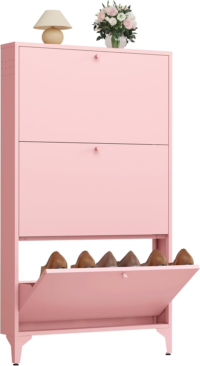 Shoe Storage Cabinet for Entryway with 3 Flip Drawers, Freestanding Shoe Organizer with Legs,Farmhouse Narrow Shoe Storage Cabinet for Entryway, Foyer,Living Room (3 Doors(Width 27.5), Red)