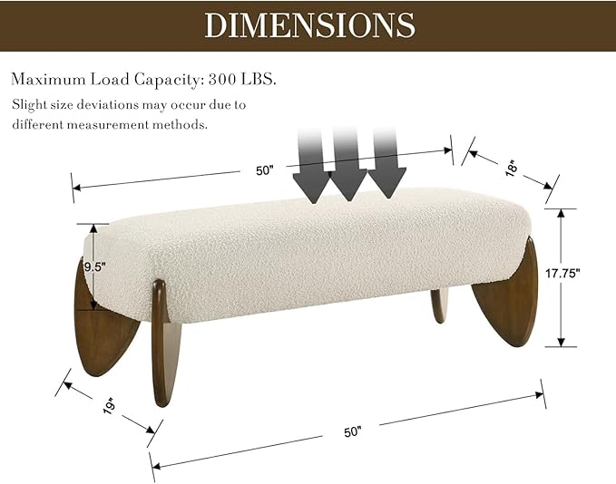 CIMOTA Boucle Entryway Bench Modern Beige End of Bed Bench for Bedroom/Hallway Mudroom/Living Room, Window Bench with Padded Seat/Scalloped Wooden Legs, 50 Inch Long/Sherpa