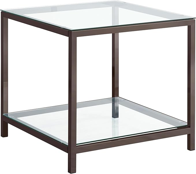 BOWERY HILL Contemporary Rectangular Metal End Table, Black Nickel Finish, Glass Top and Shelf, 23" x 24" x 26", Modern Glam Design for Living Room Storage and Display