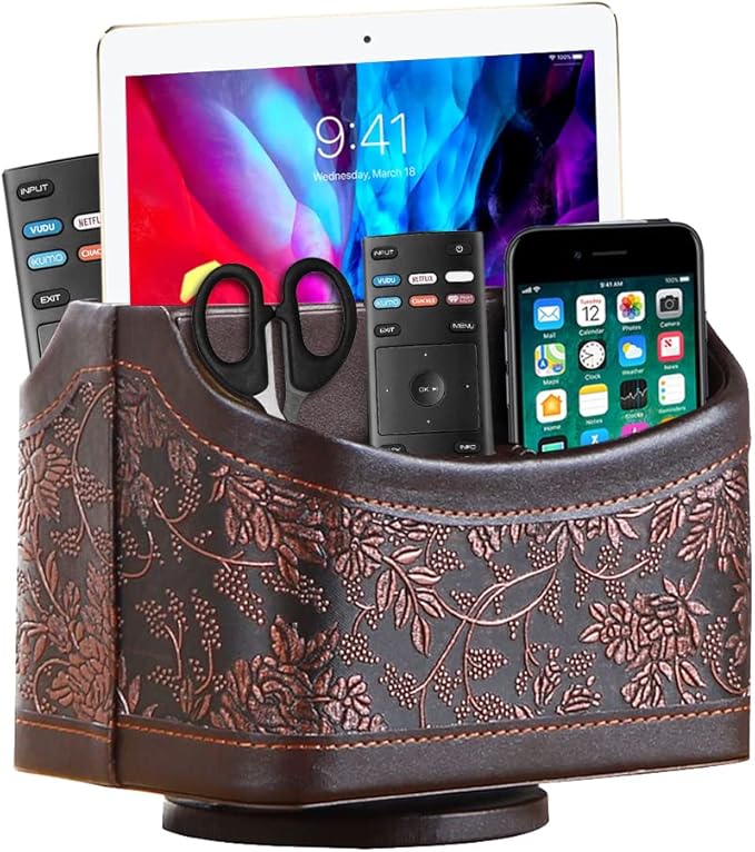 360° Rotating Remote Control Holder, PU Leather TV Remote Caddy Organizer Basket Storage Box with 5 Compartments for Pen, Pencil, Art Supplies, Makeup Brush, Office Desk Table Accessories