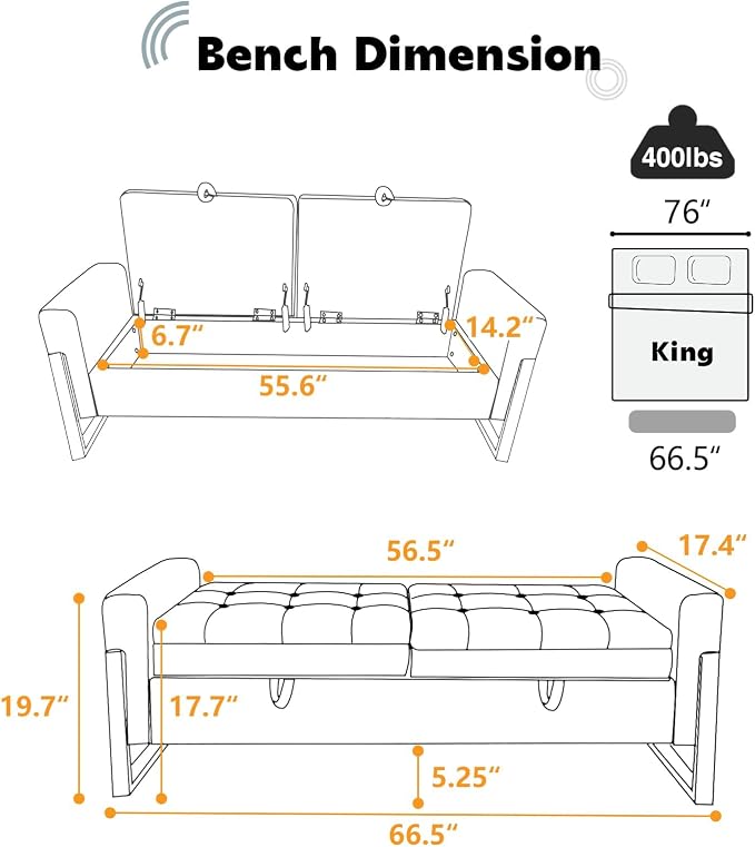 67" Storage Bench for Bedroom End of Bed, Velvet King Size Bed Bench with Double Lids and Gold Legs, Storage Ottoman Bench with Arms for Living Room Window and Entryway, Beige