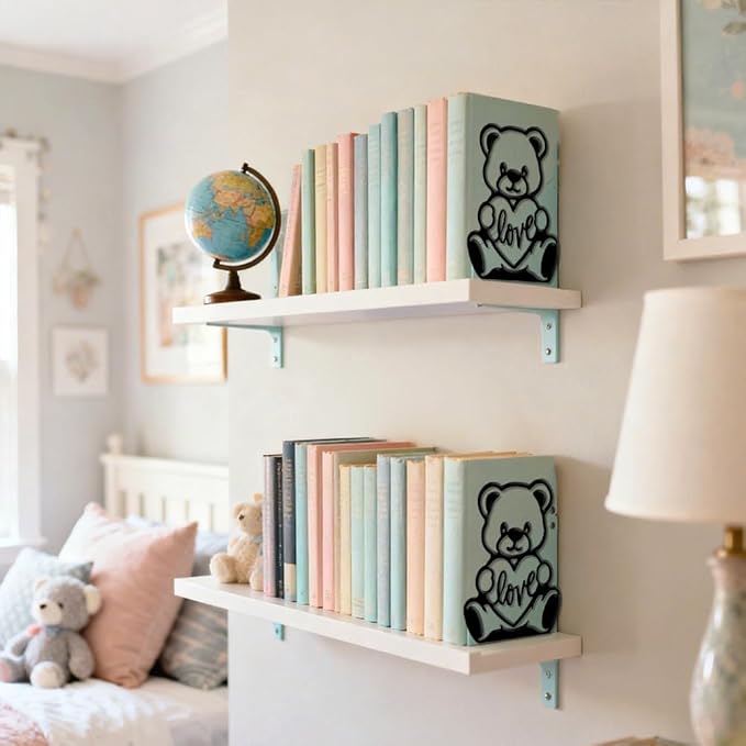 Peacoblue Metal Bookends for Shelves, Modern Decorative Heavy Duty Study Book Ends Stoppers for Office, Desk, Shelf, Room 5.3"x4.3"x6.5" Cast Iron Simple Tall Bookends 1 Pair (Teddy Bears)