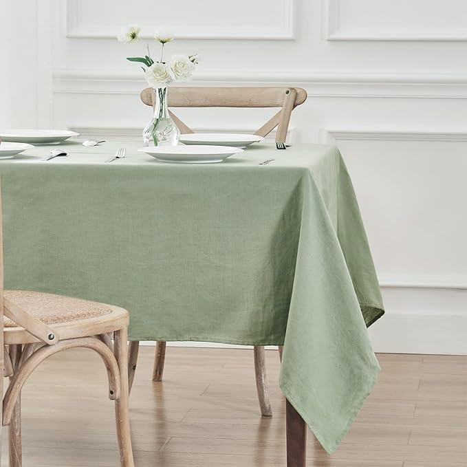 TOSMO 100% French Linen Tablecloth, Washable Farmhouse Rectangle Table Cloth for Kitchen, Dining, Party, Cocktail, Indoor and Outdoor Daily Use(60''x144'',Sage Green)