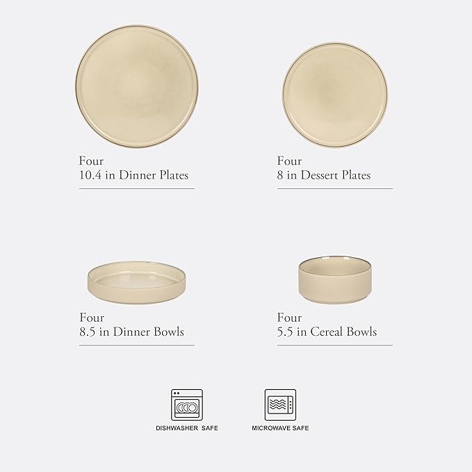 Gibson Elite Liberty Bay 16-Piece Pottery Clay Stoneware Dinnerware Set – Taupe Reactive Glaze, Stackable Plates and Bowls W/Pasta Bowl, Service for 4 – Microwave & Dishwasher Safe